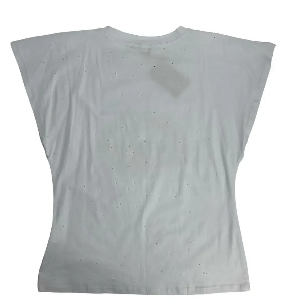 Balboa Women’s White Sequins Heart Lip Holes All Over Short Sleeve Tee T-shirt - Picture 9 of 11